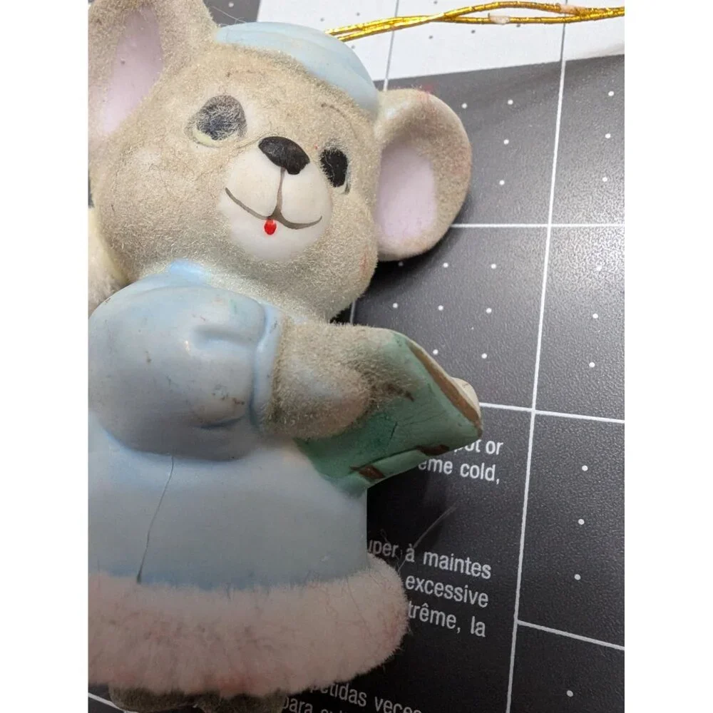 Flocked Christmas Mouse bell ornament Jasco Taiwan‎ 4 inch pajama reading